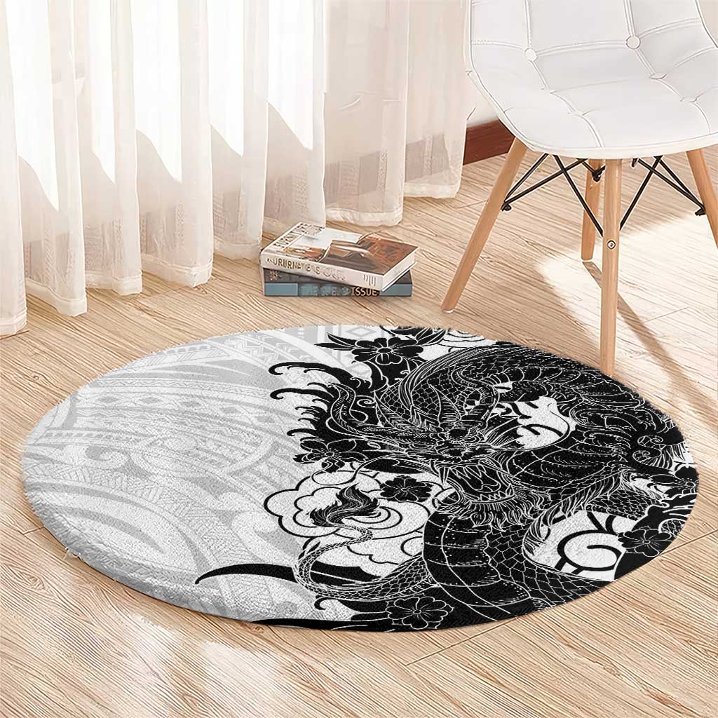 Hawaiian And Japanese Culture Round Carpet Irezumi Dragon With Polynesian Pattern White LT05 - Polynesian Pride