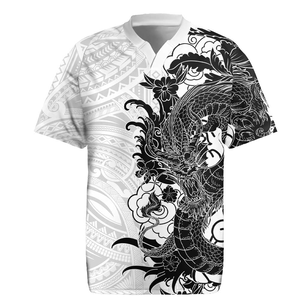 Hawaiian And Japanese Culture Rugby Jersey Irezumi Dragon With Polynesian Pattern White - Polynesian Pride