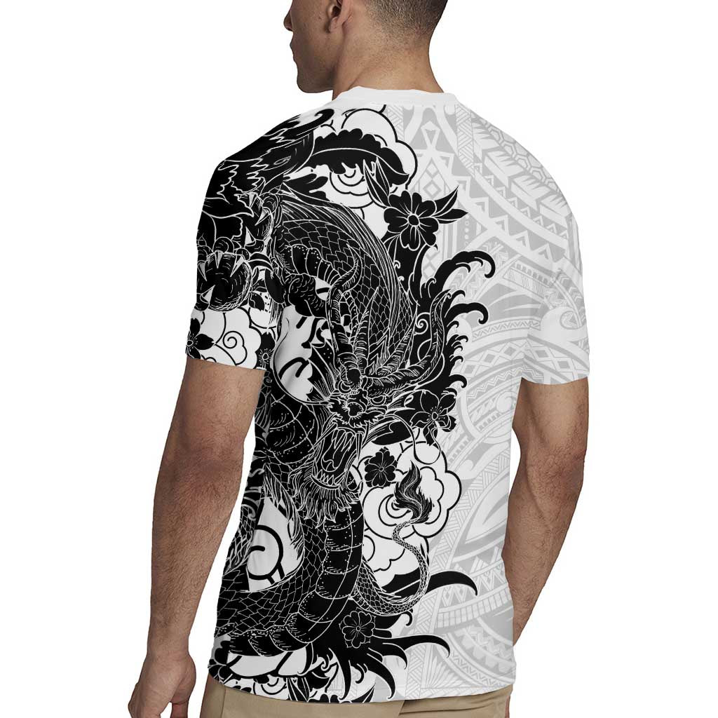 Hawaiian And Japanese Culture Rugby Jersey Irezumi Dragon With Polynesian Pattern White - Polynesian Pride