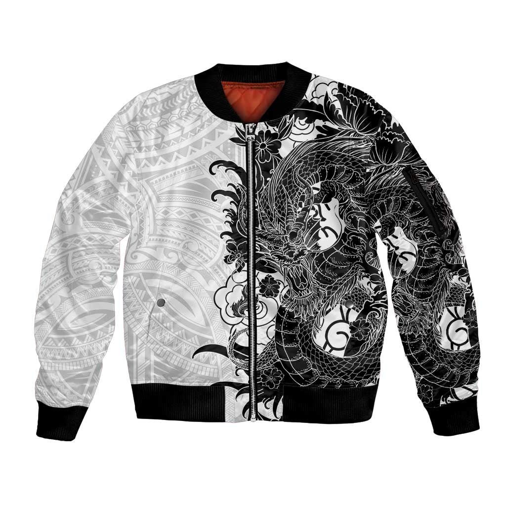 Hawaiian And Japanese Culture Sleeve Zip Bomber Jacket Irezumi Dragon With Polynesian Pattern White LT05 Unisex White - Polynesian Pride