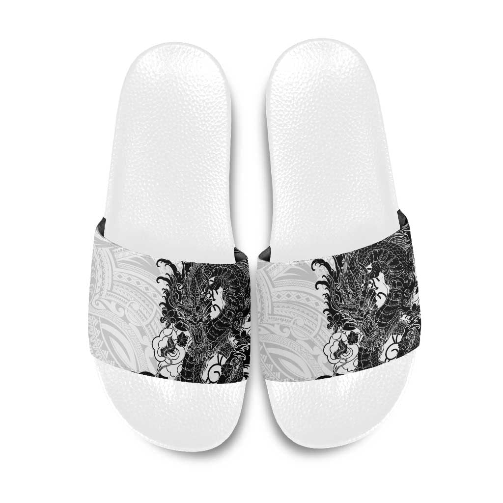 Hawaiian And Japanese Culture Slide Sandals Irezumi Dragon With Polynesian Pattern White LT05 White - Polynesian Pride
