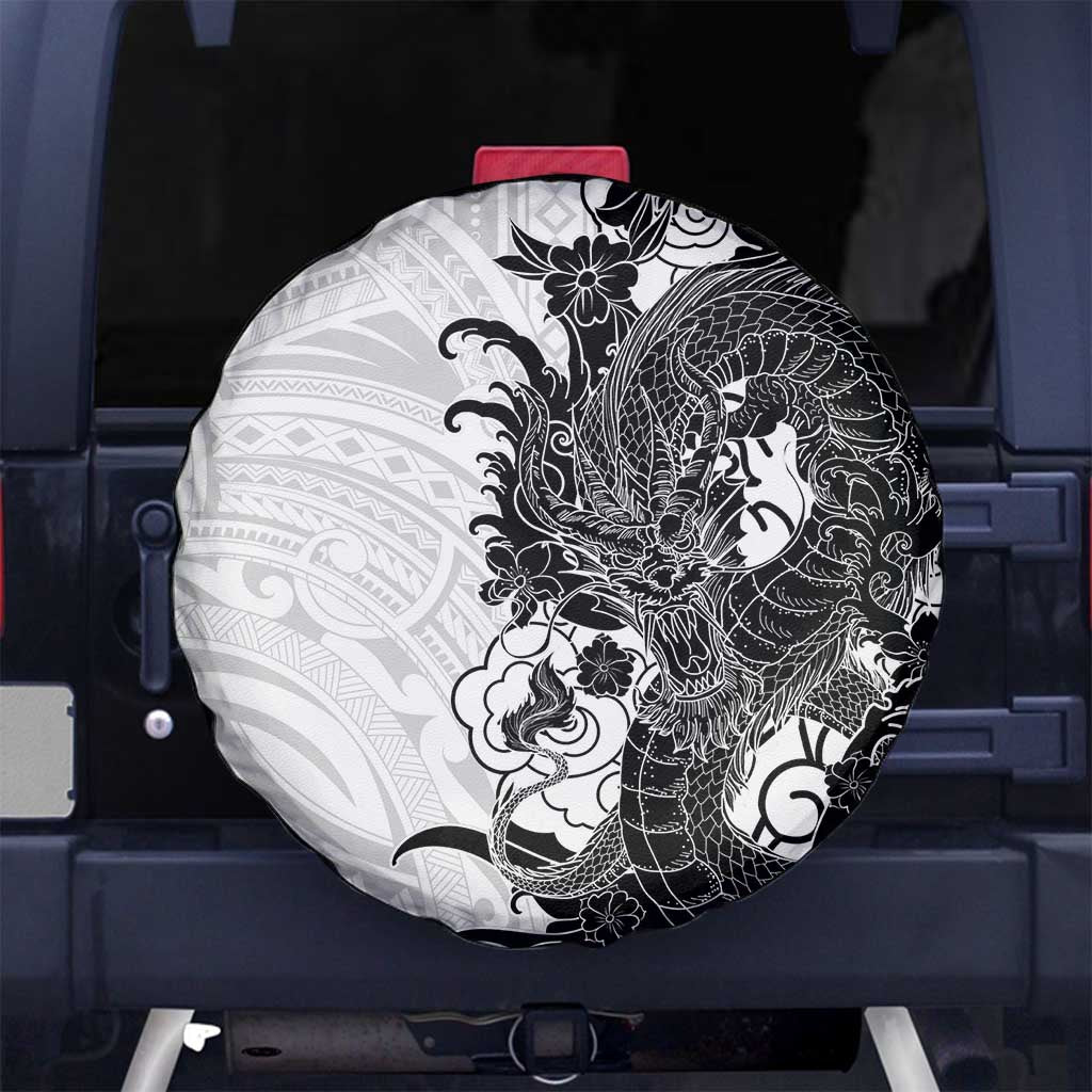 Hawaiian And Japanese Culture Spare Tire Cover Irezumi Dragon With Polynesian Pattern White LT05 No hole White - Polynesian Pride