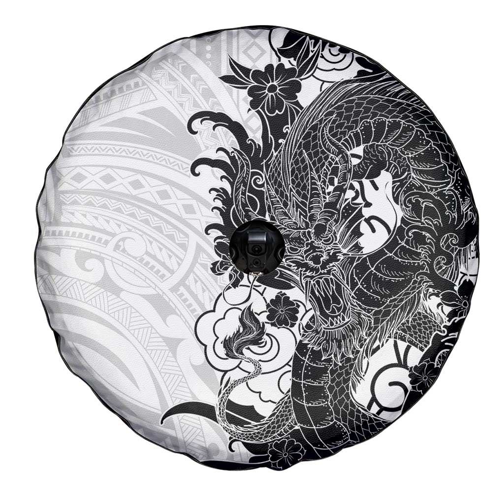 Hawaiian And Japanese Culture Spare Tire Cover Irezumi Dragon With Polynesian Pattern White LT05 - Polynesian Pride