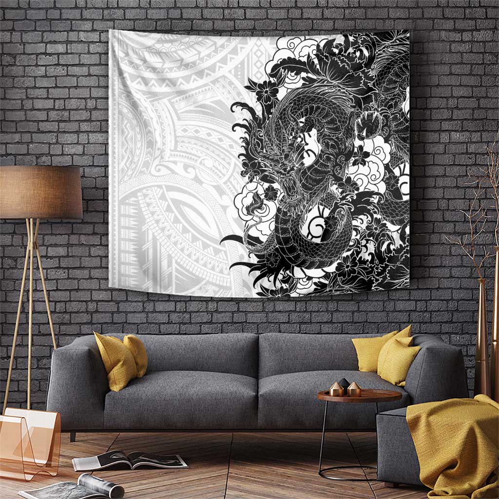 Hawaiian And Japanese Culture Tapestry Irezumi Dragon With Polynesian Pattern White LT05 White - Polynesian Pride