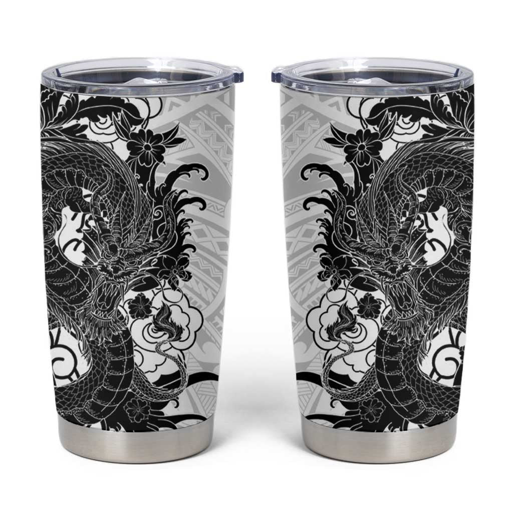 Hawaiian And Japanese Culture Tumbler Cup Irezumi Dragon With Polynesian Pattern White LT05 White - Polynesian Pride