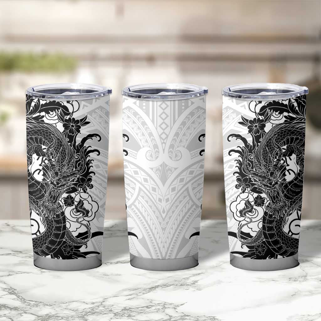 Hawaiian And Japanese Culture Tumbler Cup Irezumi Dragon With Polynesian Pattern White LT05 - Polynesian Pride