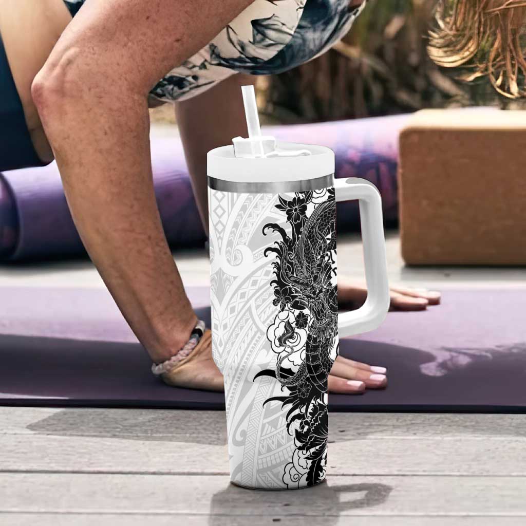 Hawaiian And Japanese Culture Tumbler With Handle Irezumi Dragon With Polynesian Pattern White LT05 - Polynesian Pride