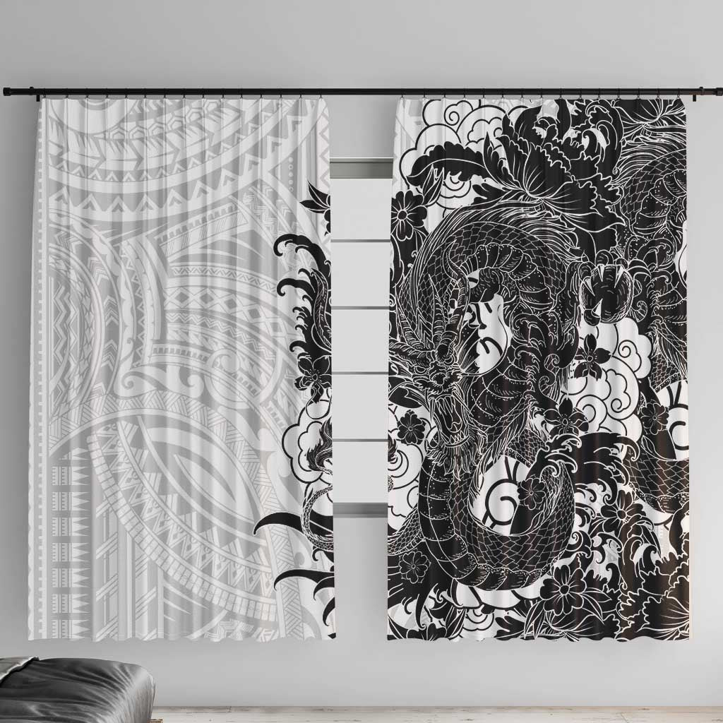 Hawaiian And Japanese Culture Window Curtain Irezumi Dragon With Polynesian Pattern White LT05 With Hooks White - Polynesian Pride