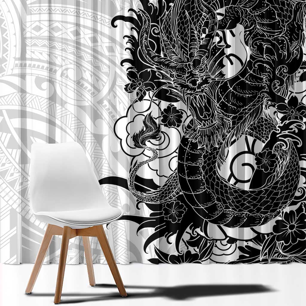 Hawaiian And Japanese Culture Window Curtain Irezumi Dragon With Polynesian Pattern White LT05 - Polynesian Pride