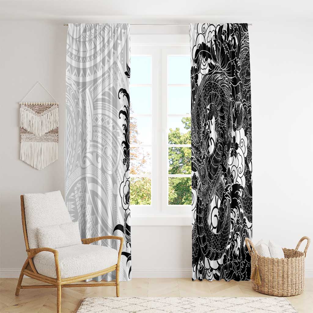 Hawaiian And Japanese Culture Window Curtain Irezumi Dragon With Polynesian Pattern White LT05 - Polynesian Pride