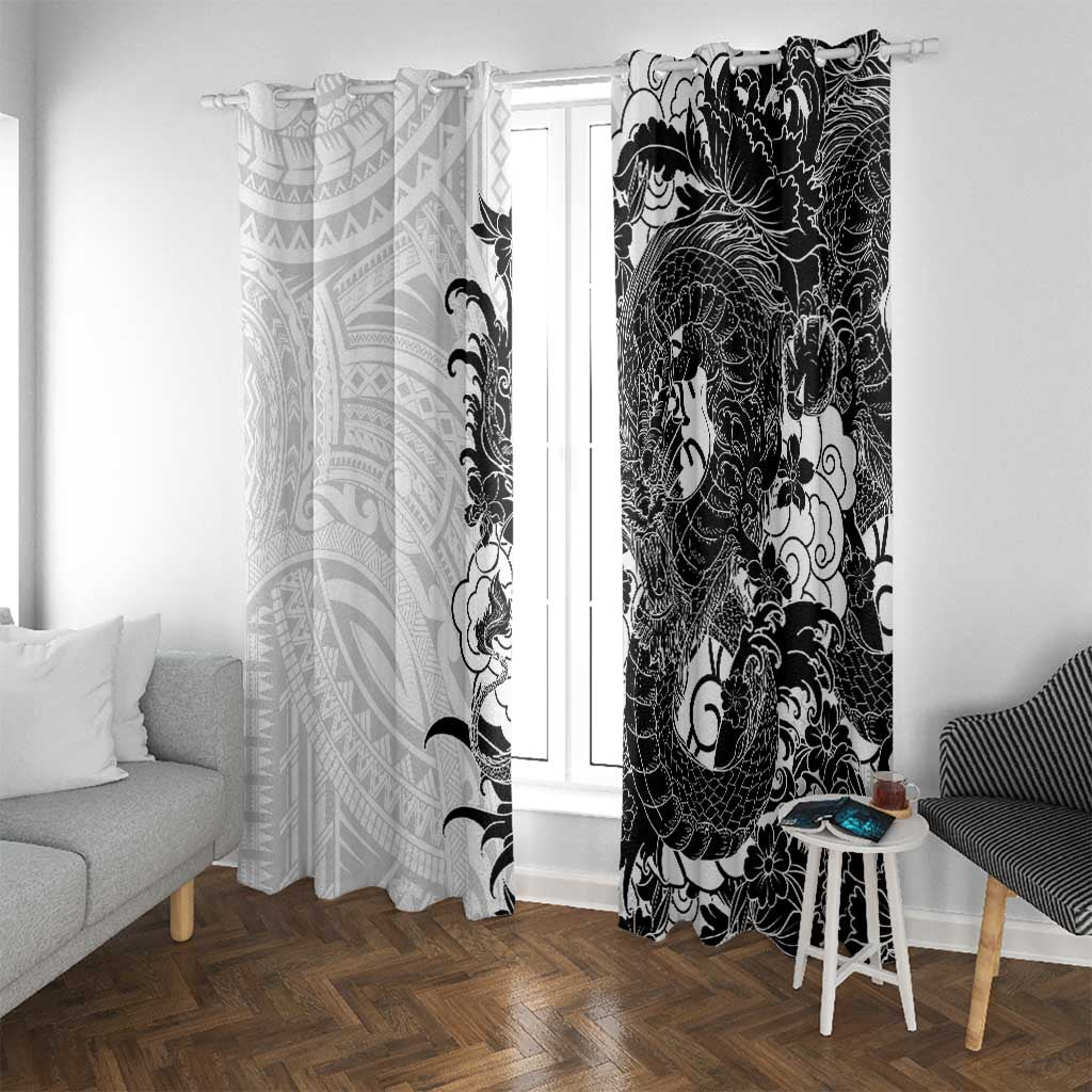 Hawaiian And Japanese Culture Window Curtain Irezumi Dragon With Polynesian Pattern White LT05 With Grommets White - Polynesian Pride