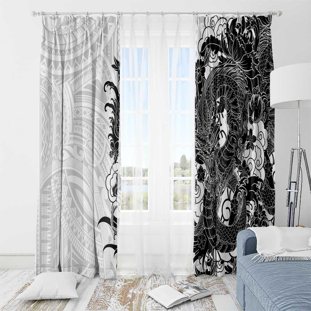 Hawaiian And Japanese Culture Window Curtain Irezumi Dragon With Polynesian Pattern White LT05 - Polynesian Pride