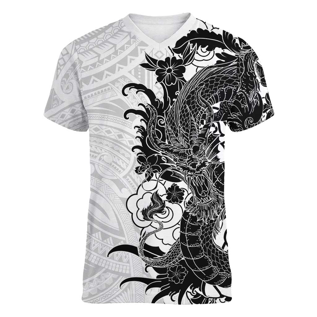 Hawaiian And Japanese Culture Women V-Neck T-Shirt Irezumi Dragon With Polynesian Pattern White LT05 Female White - Polynesian Pride