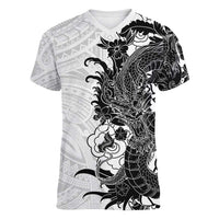 Hawaiian And Japanese Culture Women V-Neck T-Shirt Irezumi Dragon With Polynesian Pattern White LT05 Female White - Polynesian Pride