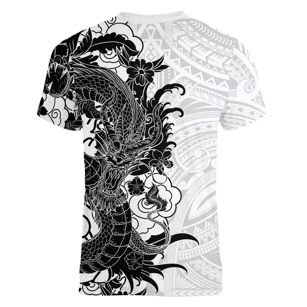 Hawaiian And Japanese Culture Women V-Neck T-Shirt Irezumi Dragon With Polynesian Pattern White LT05 - Polynesian Pride