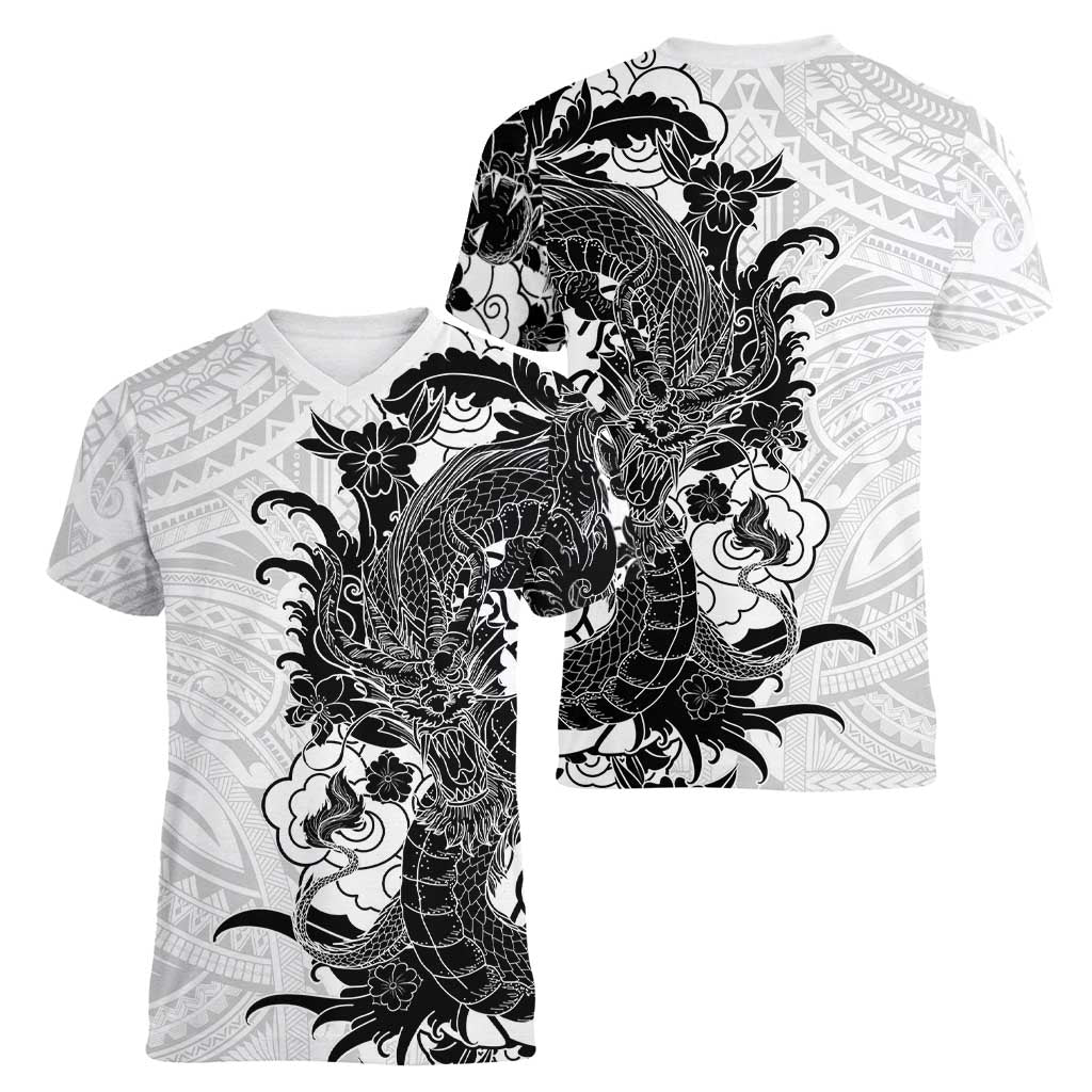 Hawaiian And Japanese Culture Women V-Neck T-Shirt Irezumi Dragon With Polynesian Pattern White LT05 - Polynesian Pride