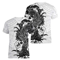 Hawaiian And Japanese Culture Women V-Neck T-Shirt Irezumi Dragon With Polynesian Pattern White LT05 - Polynesian Pride