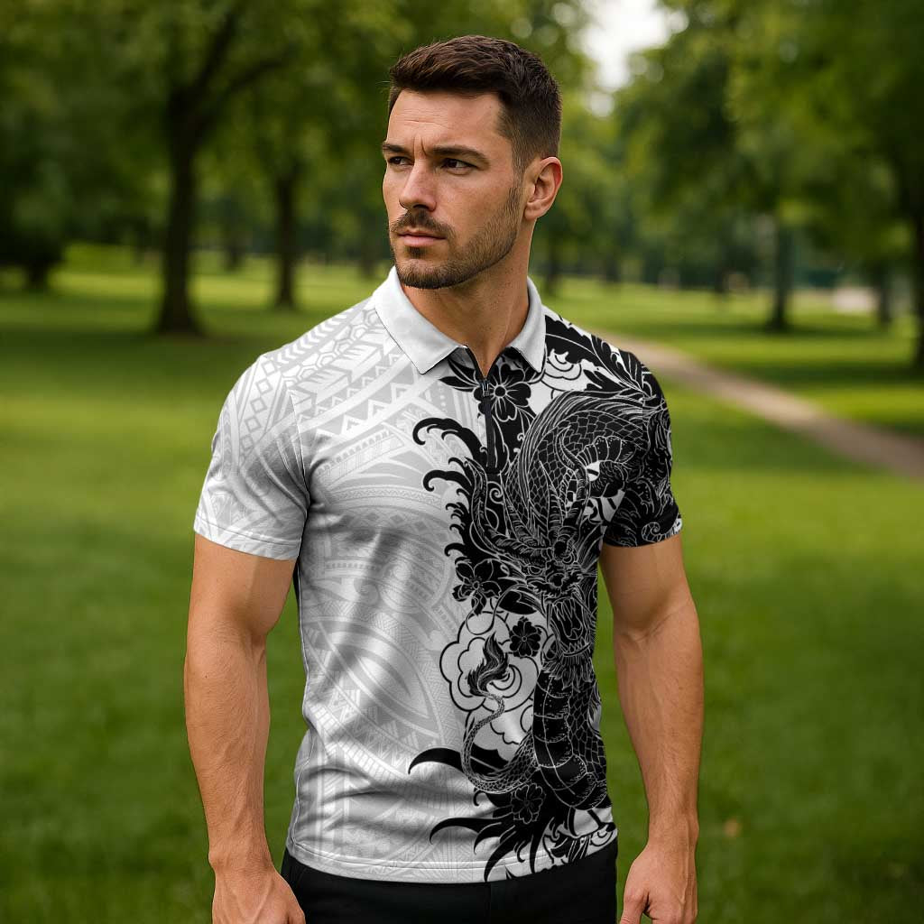 Hawaiian And Japanese Culture Zipper Polo Shirt Irezumi Dragon With Polynesian Pattern White LT05 - Polynesian Pride