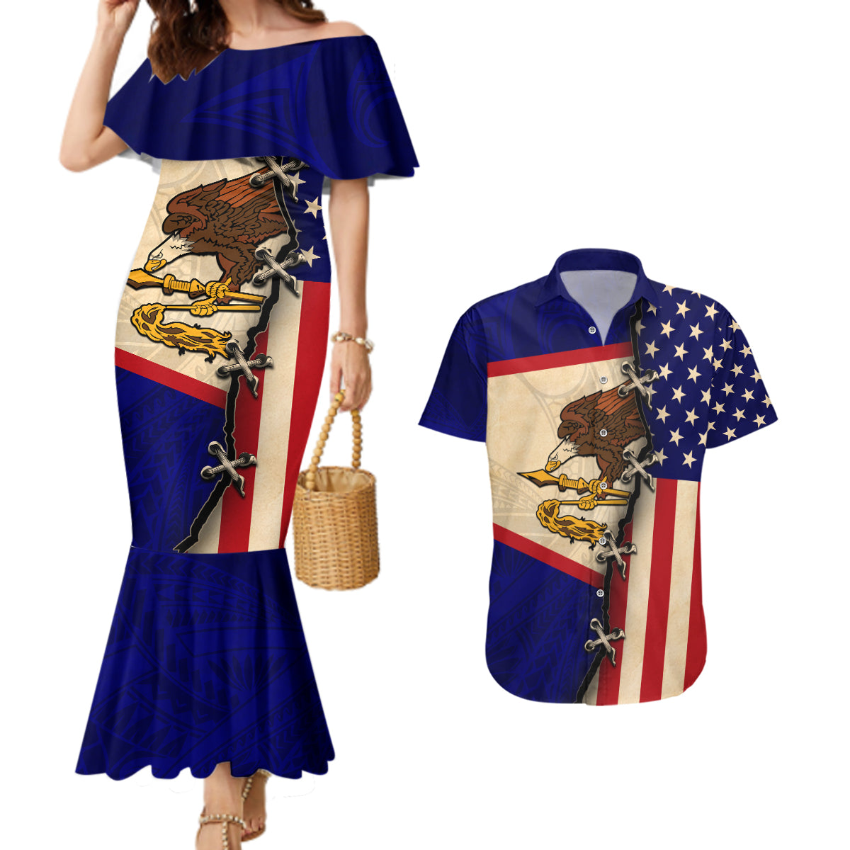 American Samoa Flag Day Couples Matching Mermaid Dress and Hawaiian Shirt Polynesian Tribal Pattern LT05 Blue - Polynesian Pride