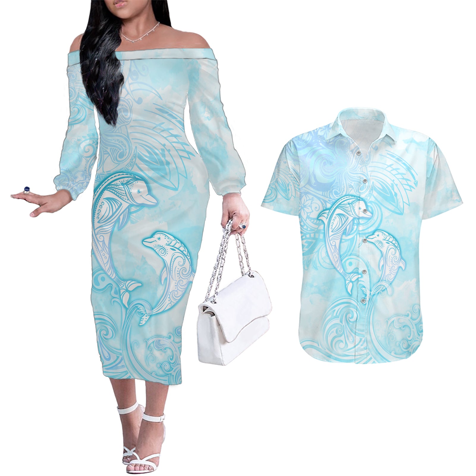 Polynesia Dolphins Under The Sea Couples Matching Off The Shoulder Long Sleeve Dress and Hawaiian Shirt Simple Style LT05 Baby Blue - Polynesian Pride
