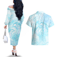 Polynesia Dolphins Under The Sea Couples Matching Off The Shoulder Long Sleeve Dress and Hawaiian Shirt Simple Style LT05 - Polynesian Pride