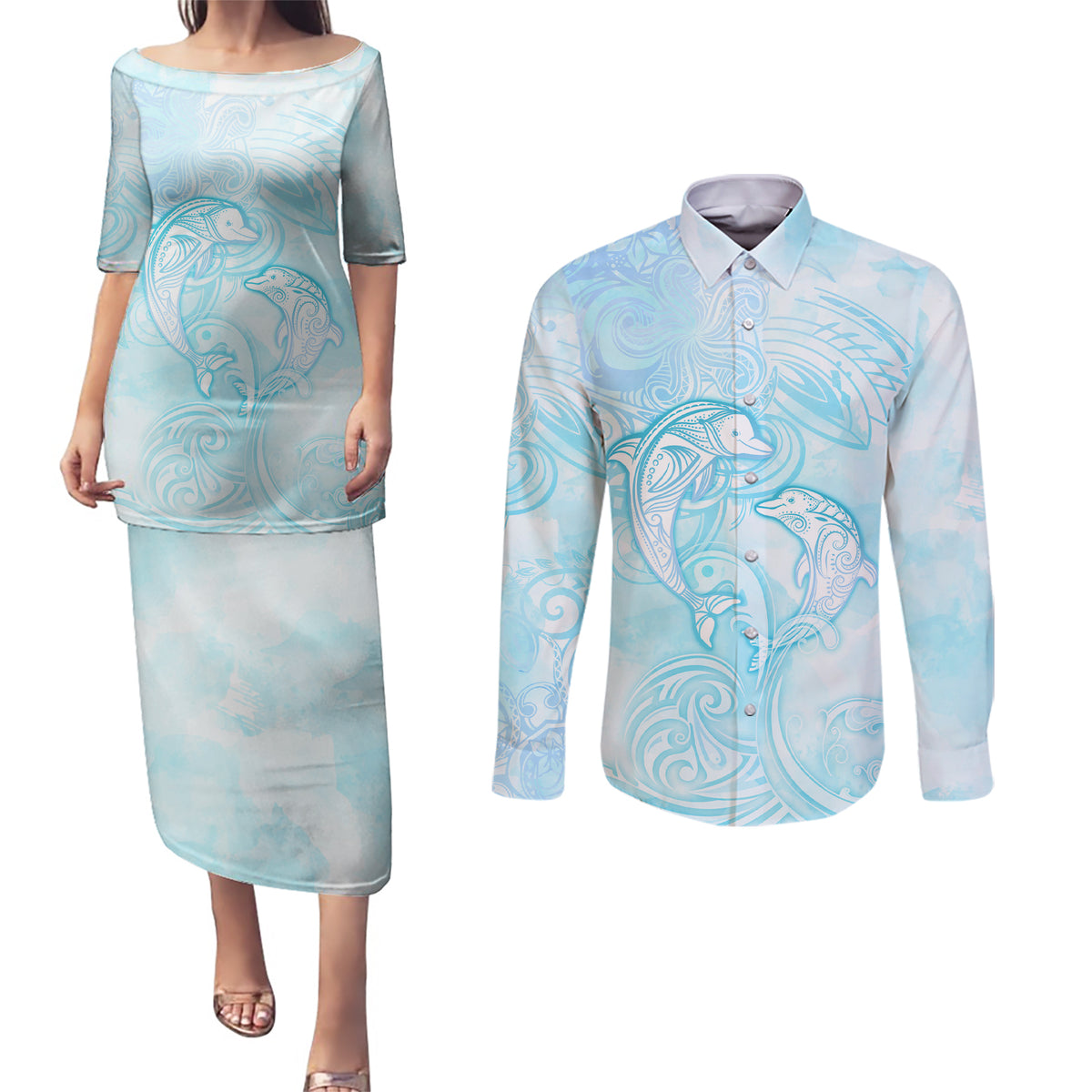 Polynesia Dolphins Under The Sea Couples Matching Puletasi and Long Sleeve Button Shirt Simple Style LT05 Baby Blue - Polynesian Pride