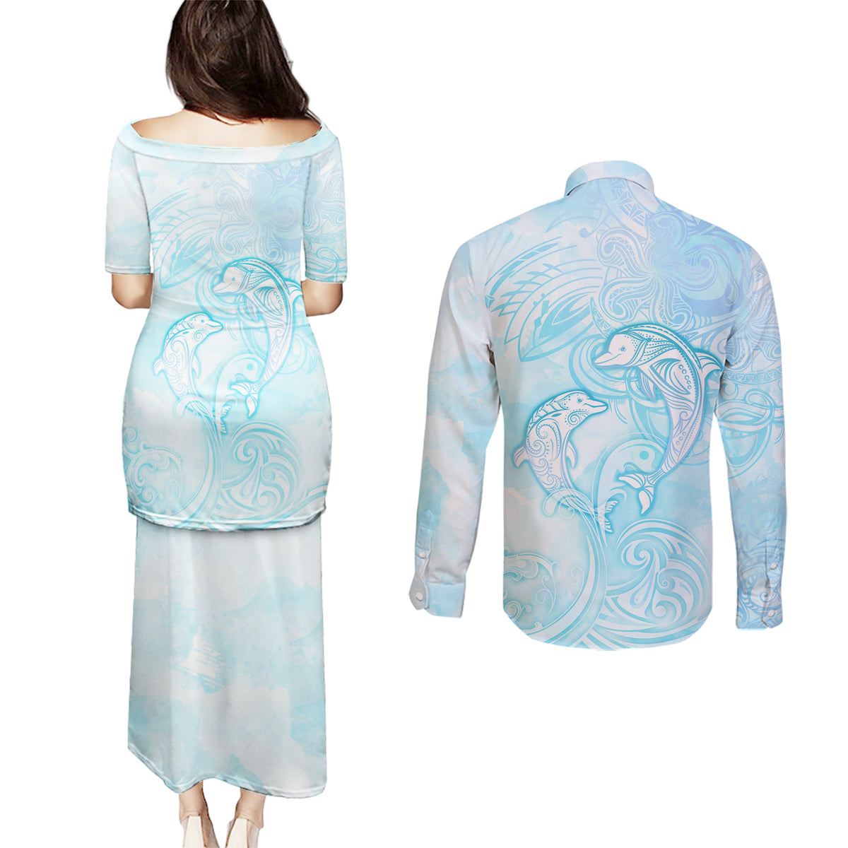 Polynesia Dolphins Under The Sea Couples Matching Puletasi and Long Sleeve Button Shirt Simple Style LT05 - Polynesian Pride
