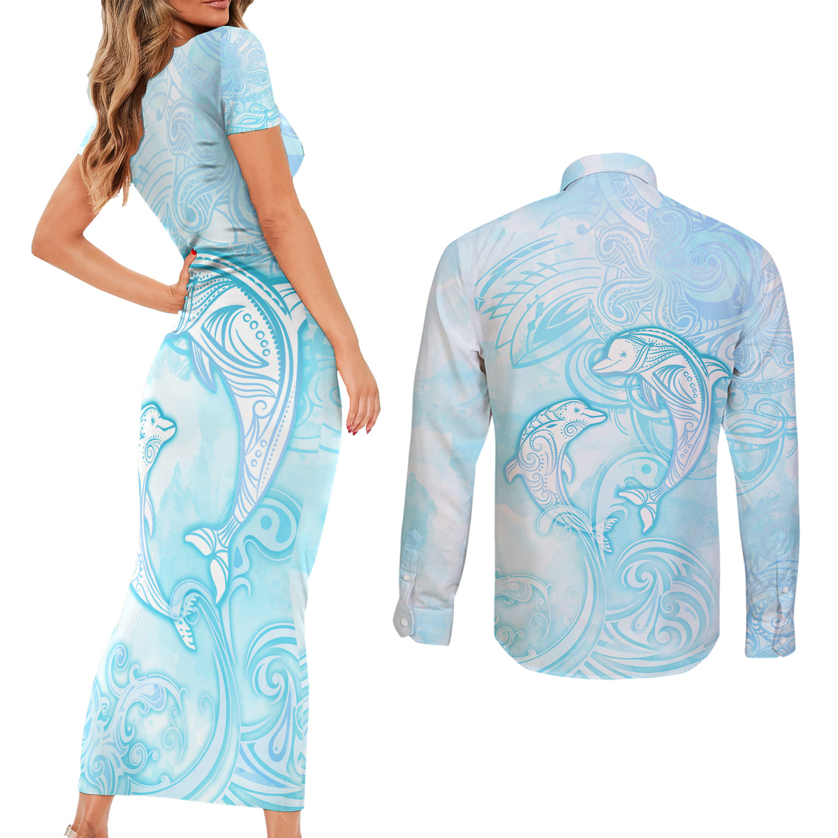 Polynesia Dolphins Under The Sea Couples Matching Short Sleeve Bodycon Dress and Long Sleeve Button Shirt Simple Style LT05 - Polynesian Pride