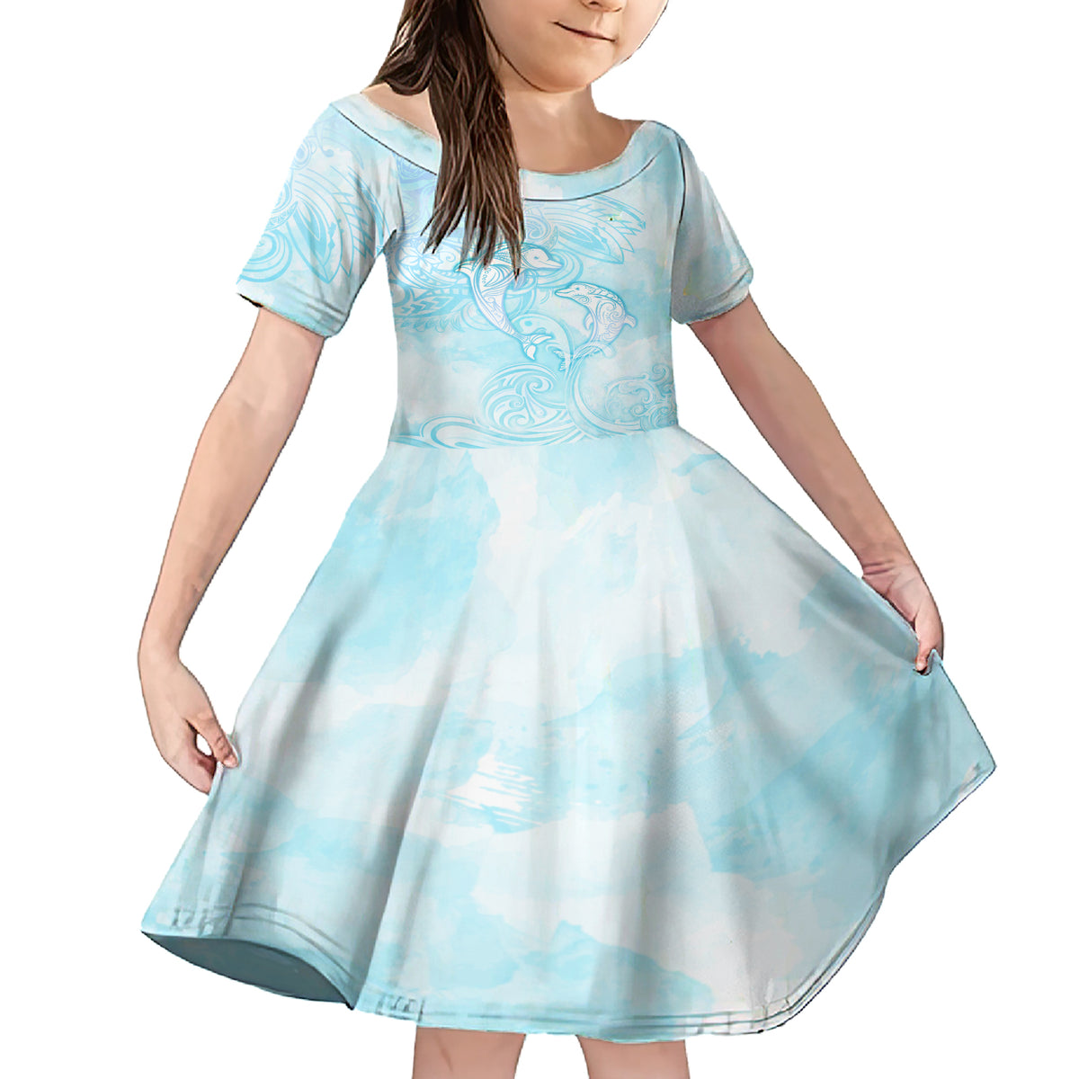 Polynesia Dolphins Under The Sea Family Matching Short Sleeve Bodycon Dress and Hawaiian Shirt Simple Style LT05 Daughter's Dress Baby Blue - Polynesian Pride