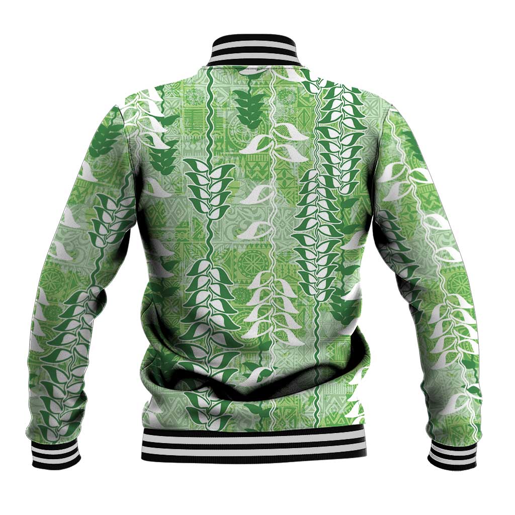 Green Hawaii Tapa Pattern Baseball Jacket With Heliconia Vintage Style
