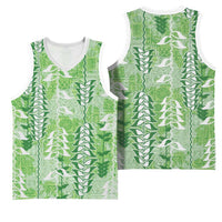 Green Hawaii Tapa Pattern Basketball Jersey With Heliconia Vintage Style