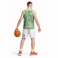 Green Hawaii Tapa Pattern Basketball Jersey With Heliconia Vintage Style