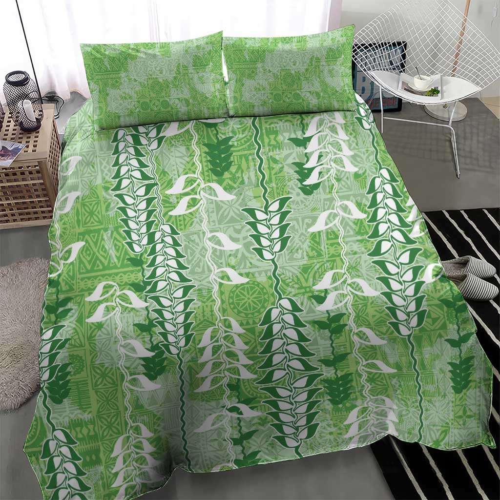 Green Hawaii Tapa Pattern Bedding Set With Heliconia Vintage Style