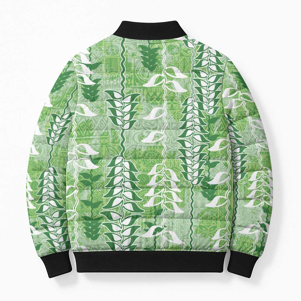 Green Hawaii Tapa Pattern Bomber Puffer Jacket With Heliconia Vintage Style