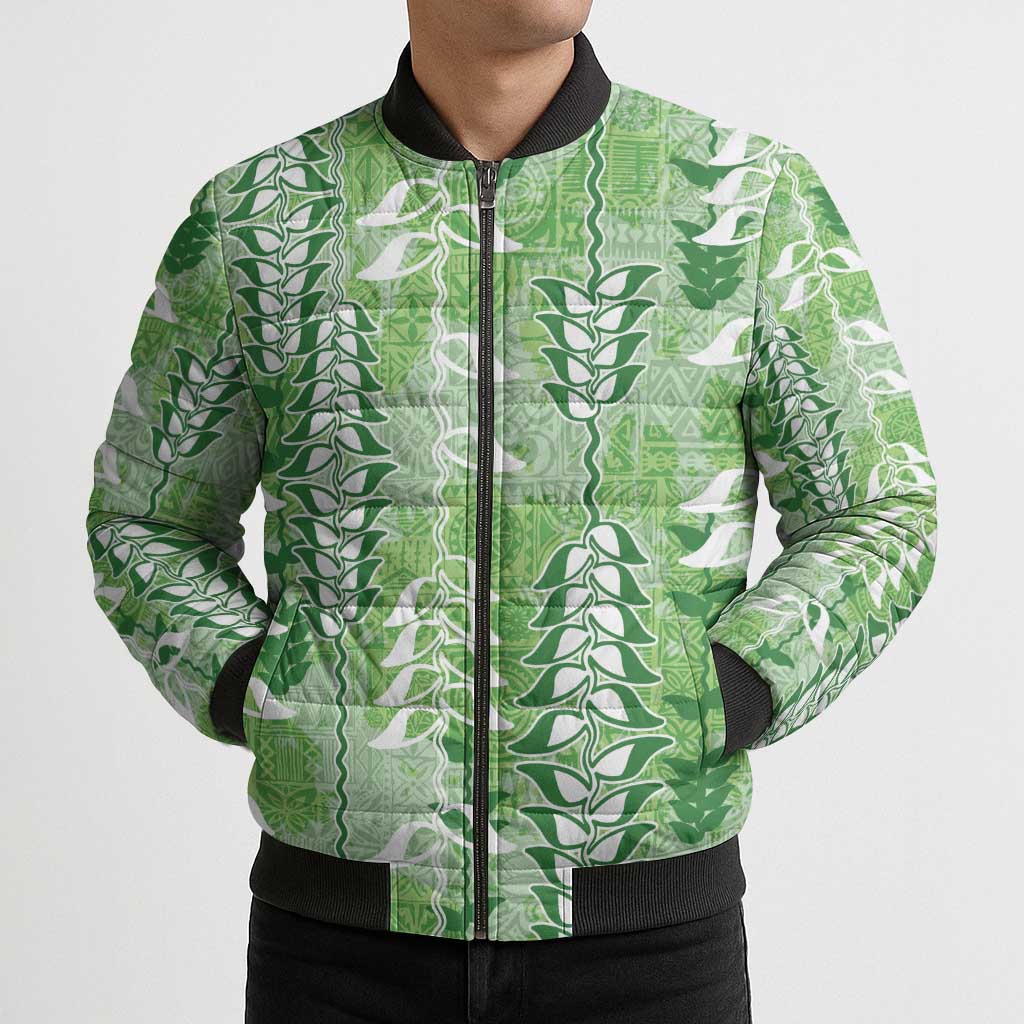 Green Hawaii Tapa Pattern Bomber Puffer Jacket With Heliconia Vintage Style