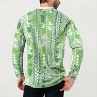 Green Hawaii Tapa Pattern Button Sweatshirt With Heliconia Vintage Style