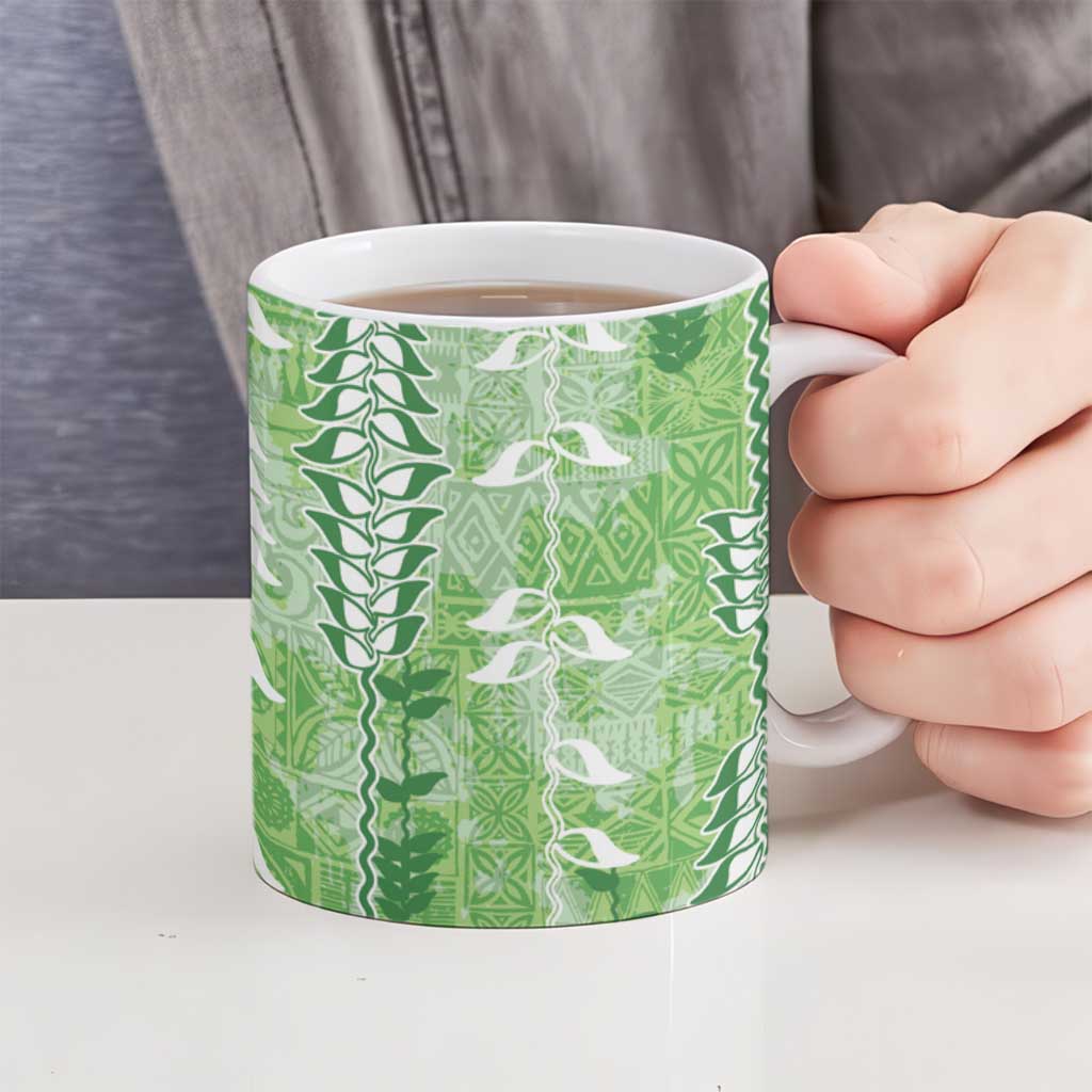 Green Hawaii Tapa Pattern Ceramic Mug With Heliconia Vintage Style