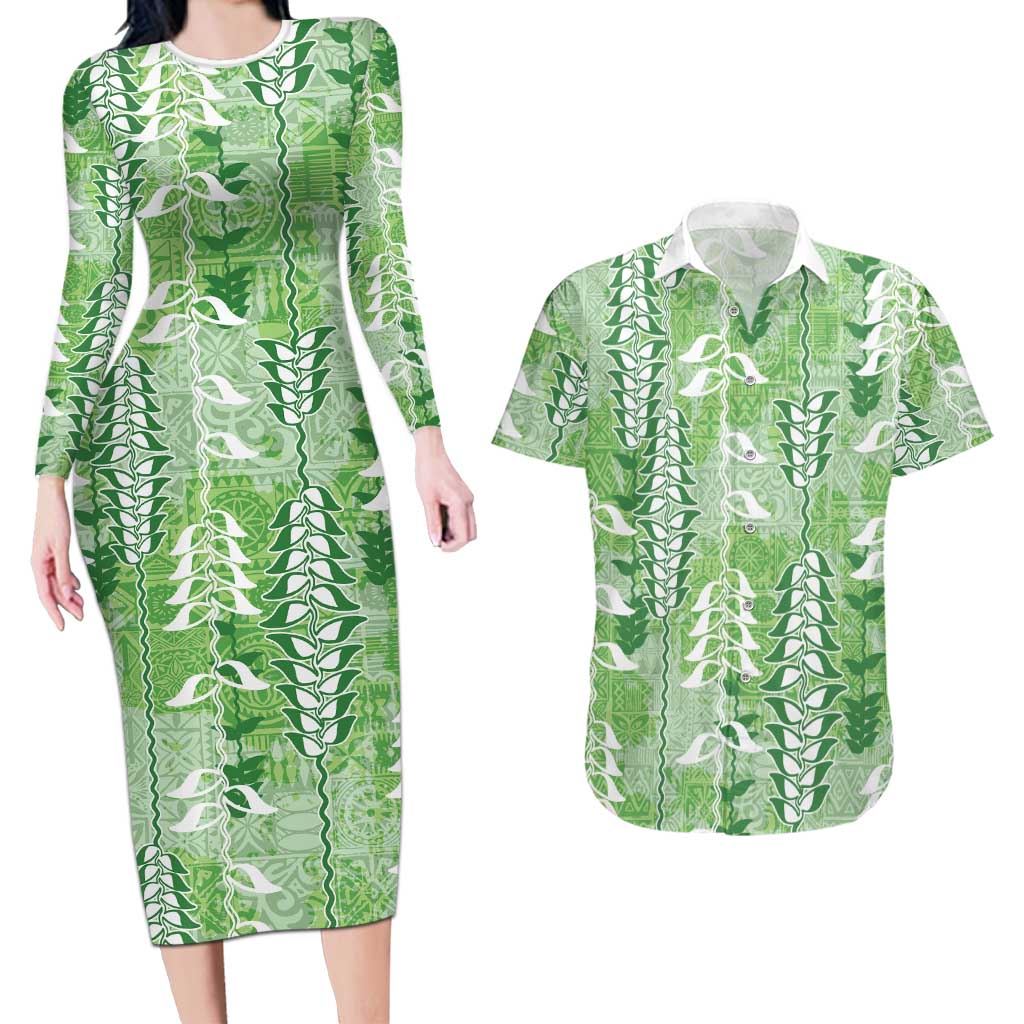 Green Hawaii Tapa Pattern Couples Matching Long Sleeve Bodycon Dress and Hawaiian Shirt With Heliconia Vintage Style