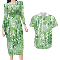 Green Hawaii Tapa Pattern Couples Matching Long Sleeve Bodycon Dress and Hawaiian Shirt With Heliconia Vintage Style
