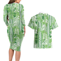 Green Hawaii Tapa Pattern Couples Matching Long Sleeve Bodycon Dress and Hawaiian Shirt With Heliconia Vintage Style