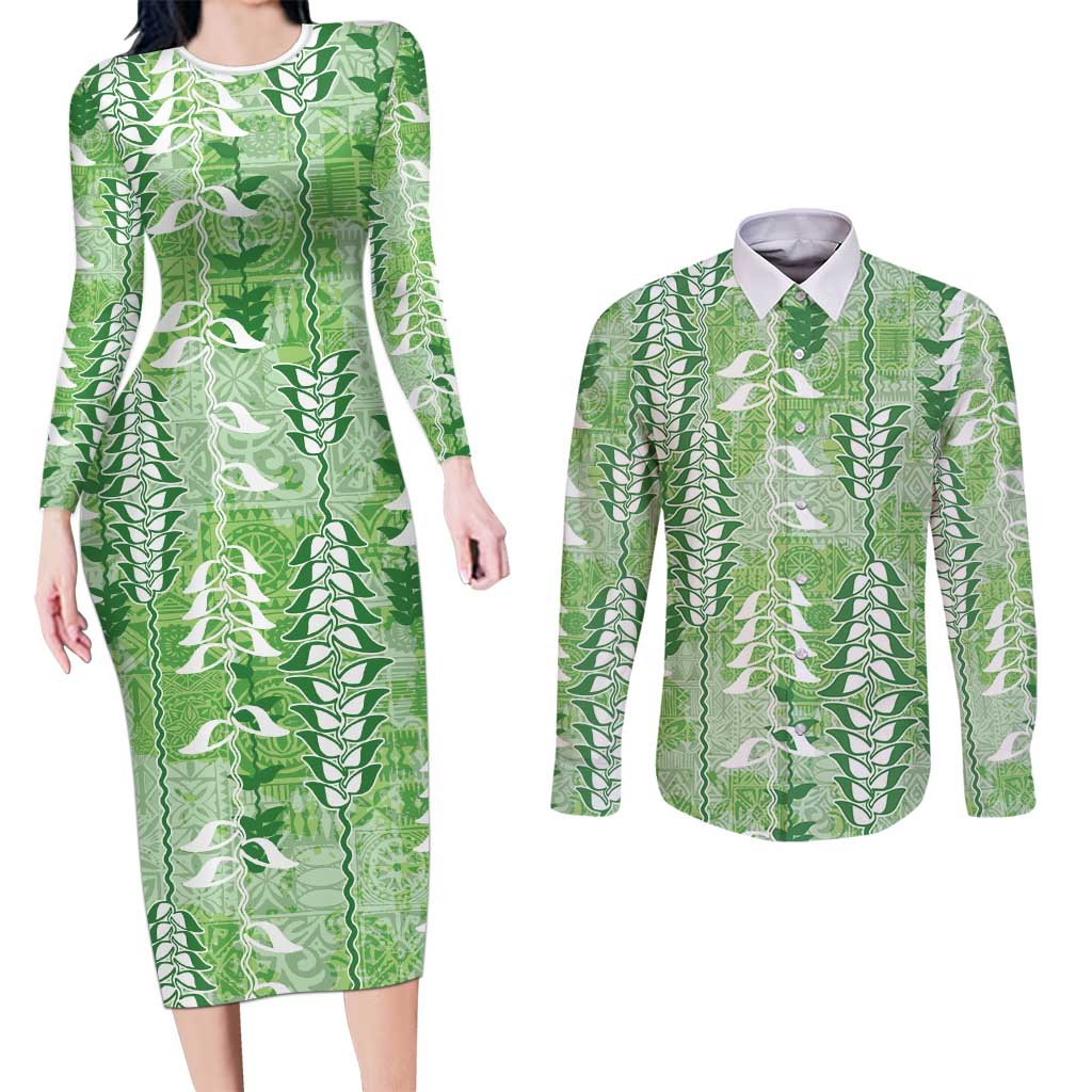Green Hawaii Tapa Pattern Couples Matching Long Sleeve Bodycon Dress and Long Sleeve Button Shirt With Heliconia Vintage Style
