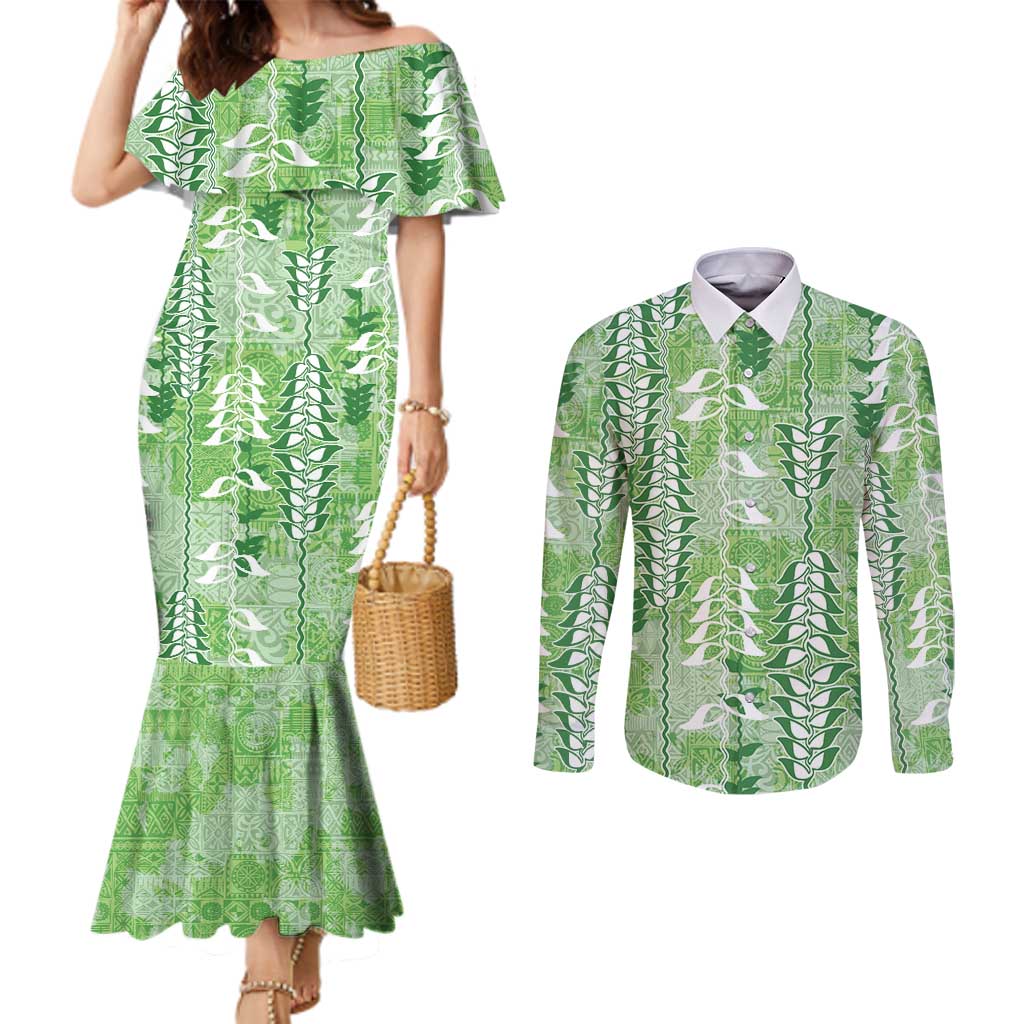 Green Hawaii Tapa Pattern Couples Matching Mermaid Dress and Long Sleeve Button Shirt With Heliconia Vintage Style