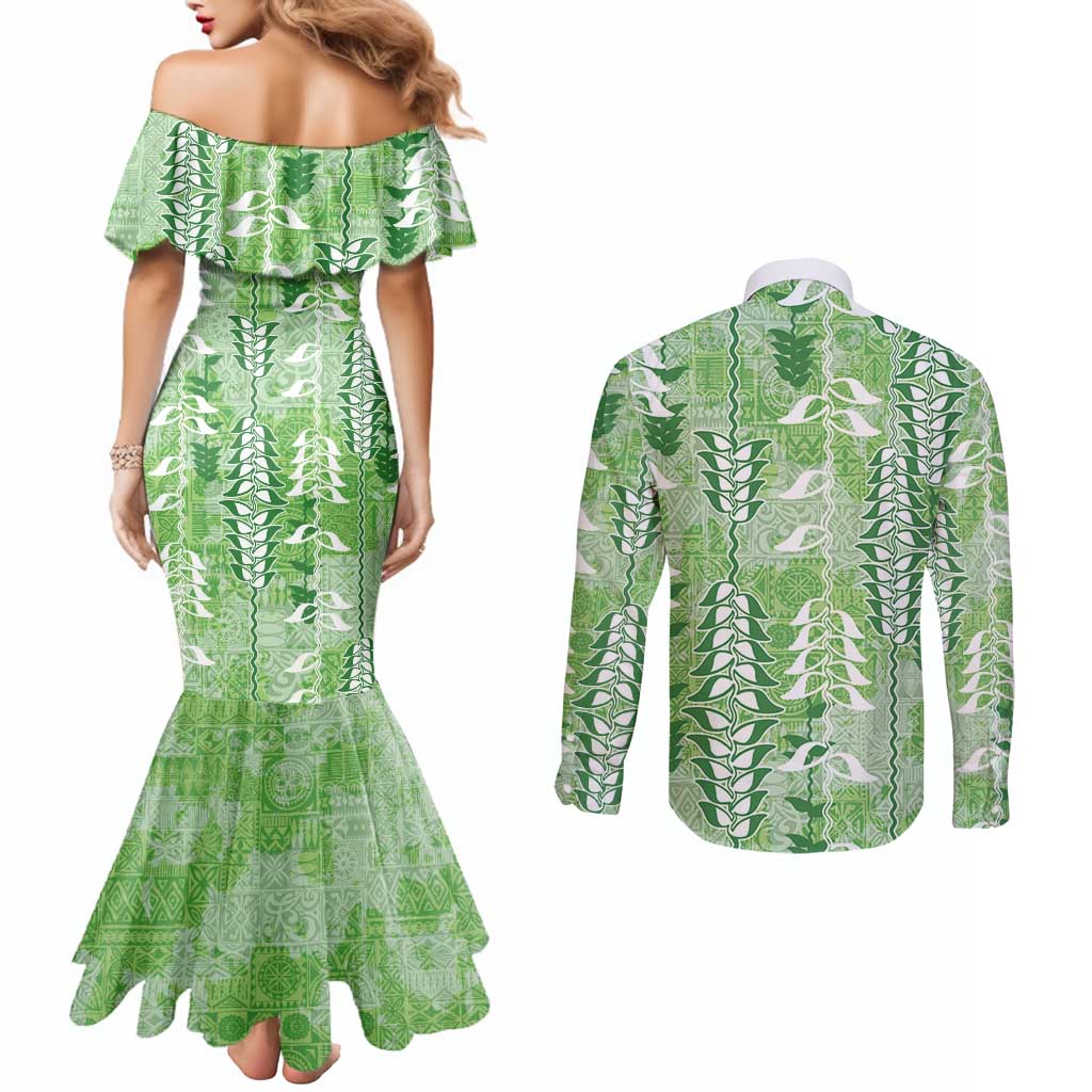 Green Hawaii Tapa Pattern Couples Matching Mermaid Dress and Long Sleeve Button Shirt With Heliconia Vintage Style