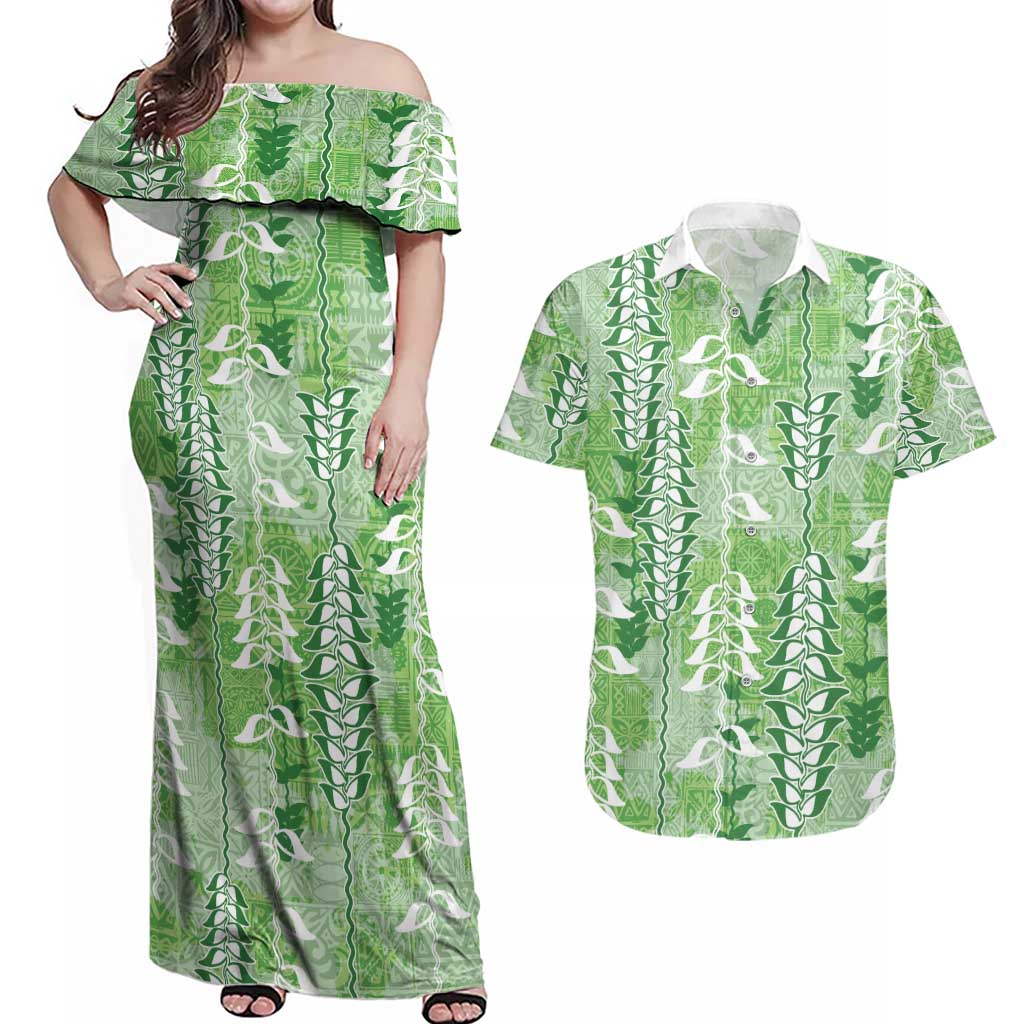 Green Hawaii Tapa Pattern Couples Matching Off Shoulder Maxi Dress and Hawaiian Shirt With Heliconia Vintage Style