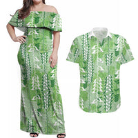Green Hawaii Tapa Pattern Couples Matching Off Shoulder Maxi Dress and Hawaiian Shirt With Heliconia Vintage Style
