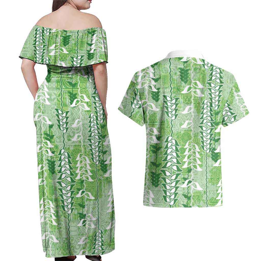 Green Hawaii Tapa Pattern Couples Matching Off Shoulder Maxi Dress and Hawaiian Shirt With Heliconia Vintage Style