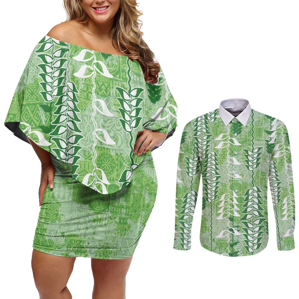 Green Hawaii Tapa Pattern Couples Matching Off Shoulder Short Dress and Long Sleeve Button Shirt With Heliconia Vintage Style LT05 Green - Polynesian Pride