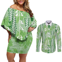 Green Hawaii Tapa Pattern Couples Matching Off Shoulder Short Dress and Long Sleeve Button Shirt With Heliconia Vintage Style LT05 Green - Polynesian Pride