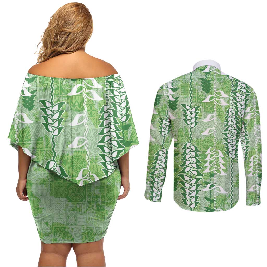 Green Hawaii Tapa Pattern Couples Matching Off Shoulder Short Dress and Long Sleeve Button Shirt With Heliconia Vintage Style LT05 - Polynesian Pride