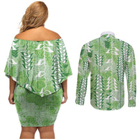 Green Hawaii Tapa Pattern Couples Matching Off Shoulder Short Dress and Long Sleeve Button Shirt With Heliconia Vintage Style LT05 - Polynesian Pride